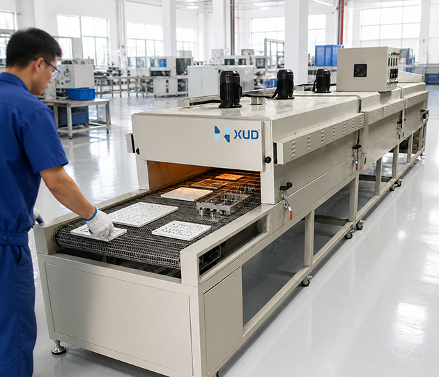 Industrial tunnel oven for continuous industrial drying, heating and thermal processing. Customized conveyor system, temperature zones and chamber dimensions for production lines.